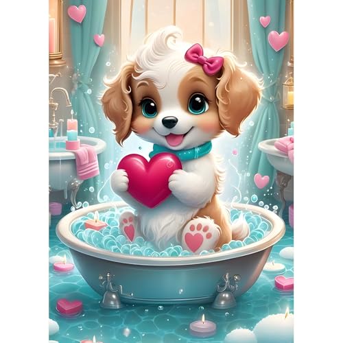 DPHERO DIY Welpe Diamant Painting Bilder für Erwachsene Anfänger,5D Cartoon Hund Diamond Painting Set,DIY Runde Steine Herz Diamant Kunst Kits,Haus Diamant Painting für Zuhause Dekor 30x40 cm von DPHERO