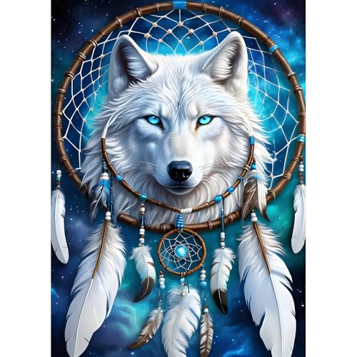 DPHERO DIY Wolf Diamant Painting Bilder für Erwachsene Anfänger,5D Traumfänger Feder Diamond Painting Set,DIY Traumland Runde Steine Diamant Kunst Kits, Diamant Art für Zuhause Dekor 30x40 cm von DPHERO