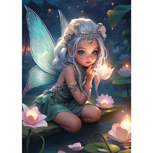 DPHERO Fee Mädchen Diamant Painting Bilder für Erwachsene Anfänger,5D Cartoon Diamond Painting Set,DIY Strass Bilder Blumen Diamant Kunst Kits,Runde Steine Diamant Painting für Zuhause Dekor 30x40 cm von DPHERO