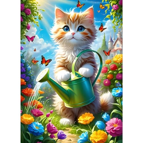 DPHERO Katze Diamant Painting Bilder für Erwachsene Anfänger,5D Blumen Diamond Painting Set,DIY Strass Bilder Bewässerung Diamant Kunst Kits,Runde Steine Diamant Painting für Zuhause Dekor 30x40 cm von DPHERO