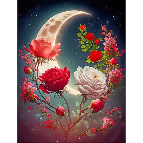 DPIDEA Diamond Painting Rose Diamant Painting Bilder Mond Diamond Painting Erwachsene Rosa Blumen und Mond Diamond Painting Bilder Diamant Malerei Set für Zuhause Dekor 30x40 cm von DPIDEA