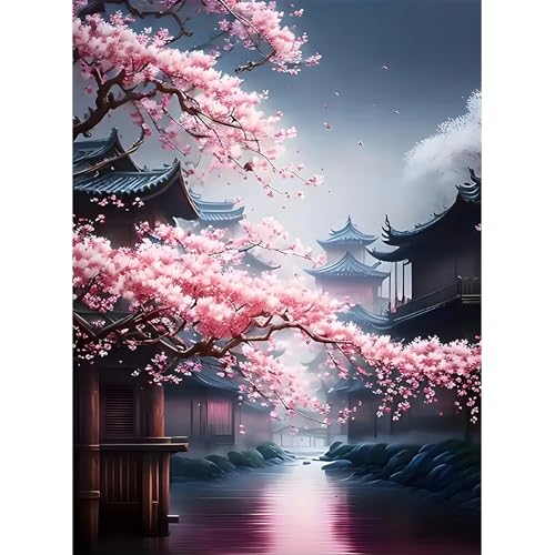 DPIDEA Landschaft Diamond Painting, Diamant Painting Bilder für Erwachsene Sakura 5D Diamond Painting DIY Diamant Malerei Runde Steine 30x40 cm von DPIDEA