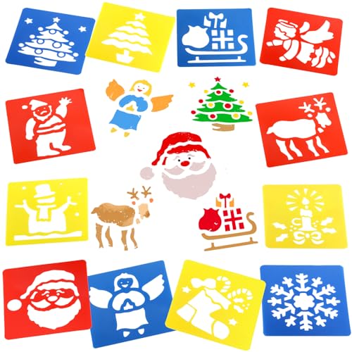 DPKOW 12 Stück Bunt Weihnachtsschablonen Kinder, Weihnachten malschablonen Kinder, schablonen Weihnachten Fenster schneespray Weihnachten Malen Schablonen DIY Weihnachtshandwerk Christmas Stencils von DPKOW