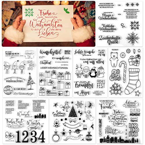 DPKOW 125+pcs Deutsch Weihnachten Klare Stempel Silikon, Frohe für DIY Karte Scrapbooking Basteln, Weihnachtsbaumkugeln Pinguin Schneeflocke Weihnachtsmann von DPKOW