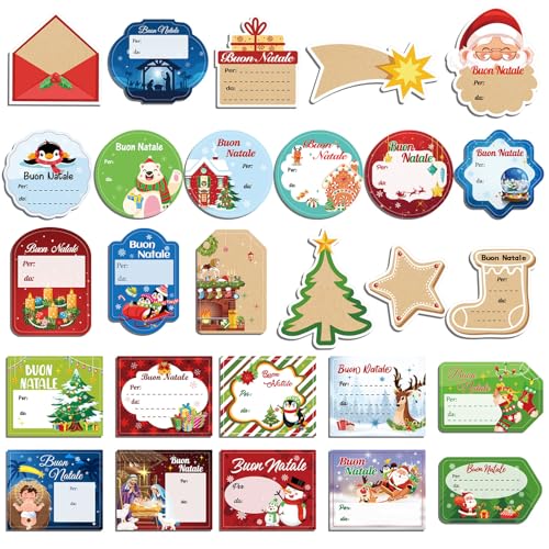 DPKOW 135pcs Segna Nome Etichette Adesive Natalizie in Italiano, Personalizzato Adesivi per Natale Pacchetti Regalo Carta Tag, Buon Natale Etichette Stickers per Natalizi Biglietti, Varie Forme von DPKOW