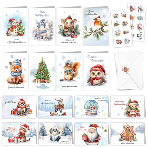 DPKOW 16 Waldtiere Weihnachtskarten mit Umschlag Aufkleber, Frohe Weihnachten Karten Weihnachten Grußkarten Glückwunschkarten Hirsch Eichhörnchen Kaninchen Weihnachtskarten Klappkarten Christmas Cards von DPKOW