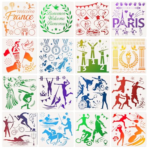 DPKOW 16 x Paris Spiele 2024 Sport Schablonen zum Malen Basteln, Antikes Griechenland Athleten Medaillen Fackel Schablonen Stencil zum Zeichnen Scrapbooking auf Holz/Textil/Wand/Tattoo/Papier/Zuhause von DPKOW