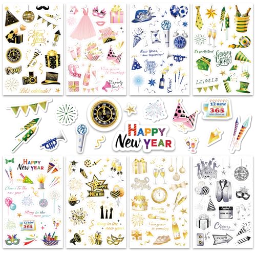 DPKOW 24 Blatt Neujahr Sticker Set, 2025 Silvester Sticker Aufkleber Frohes neues Jahr Sticker zur Scrapbook Bullet Journal Fotoalbum, Neujahr Aufkleber zur Basteln Geschenke Silvester Deko von DPKOW