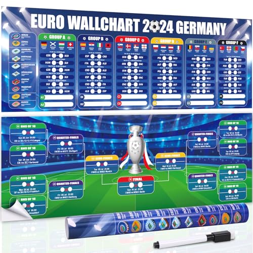 DPKOW 2024 Fussball EM Spielplan Poster Europameisterschaft Wandkarte, EM Deko 2024 Deutschland Fanartikel EM Planer 2024, 24 Mannschaften Gruppen Knockout Dekoration (A1, Rollenpaket), mit Stift von DPKOW