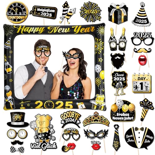 DPKOW 2025 Glücksbringer Silvester Foto Requisiten Rahmen 29 STK, Fotobox Accessoires Silvester 2025 Aufblasbarer Fotorahmen für 2025 Neujahr Fotobox Accessoires Silvester Party Zubehör Gadget von DPKOW