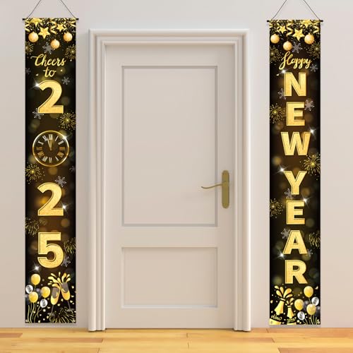 DPKOW 2025 Neujahr Dekoration Schwarz Gold, Prost auf 2025 Banner, Frohes neues Jahr Banner, Neujahr Tür Banner für Willkommen Veranda Schild, Silvester Innen Außen Dekoration Silvester von DPKOW