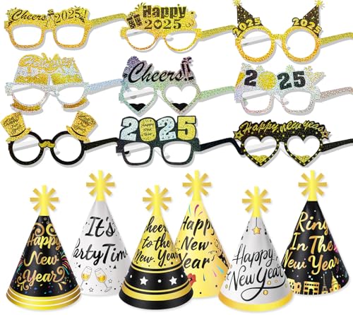 DPKOW Silvester Deko 2025 Schwarz Gold Silber Silvester Accessories Silvester Partyhüte Papier Kegel Hüte Silvester Brille 2025 Brille für Happy New Year Deko Silvester Party 2025, 30 Stück von DPKOW