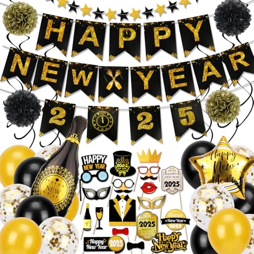 DPKOW Silvester Deko 2025, Neujahr Deko 2025 Happy New Year Girlande & 20 Luftballons Schwarz Gold Silvester Ballons & Wirbel & Pompoms & Silvester Foto Requisiten für Deko Silvester Party 2025 von DPKOW