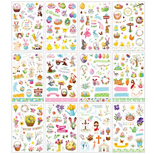 DPKOW 24 Blatt Deutsch Ostern Sticker Set, Frohe Ostern Aufkleber für Basteln Ostern DIY Scrapbook Bullet Journal Fotoalbum, Ostereier Hasen Sticker Christliche Ostern Aufkleber Abziehbilder Osterdeko von DPKOW