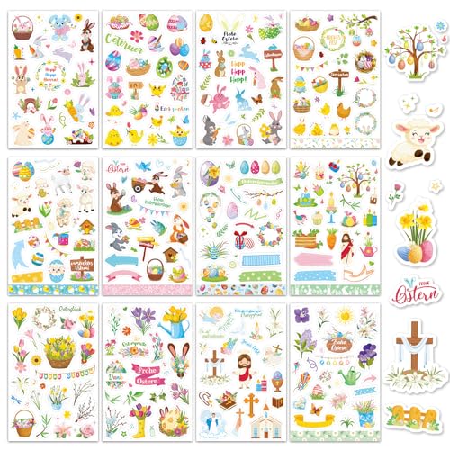 DPKOW 24 Blatt Deutsch Ostern Sticker Set, Frohe Ostern Aufkleber für Basteln Ostern DIY Scrapbook Bullet Journal Fotoalbum, Ostereier Hasen Sticker Christliche Ostern Aufkleber Abziehbilder Osterdeko von DPKOW