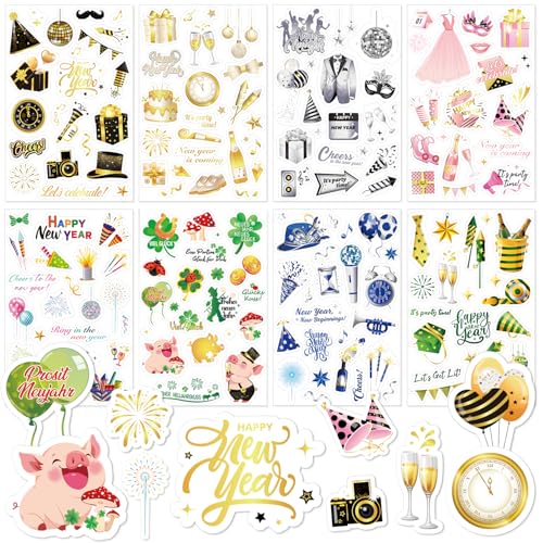 DPKOW 24 Blatt Neujahr Sticker Set, Glücksbringer Silvester Sticker Aufkleber Frohes neues Jahr Viel Glück Sticker Glücksbringer Glücksschwein Kleeblatt Sticker zur Scrapbook Bullet Journal Fotoalbum von DPKOW