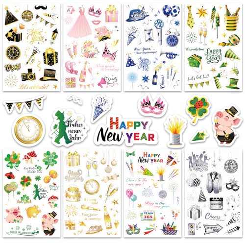 DPKOW 24 Blatt Neujahr Sticker Set, Glücksbringer Silvester Sticker Aufkleber Frohes neues Jahr Viel Glück Sticker Glücksbringer Glücksschwein Kleeblatt Sticker zur Scrapbook Bullet Journal Fotoalbum von DPKOW