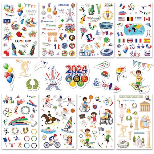 DPKOW 24 Blatt Paris Spiele 2024 Sticker zum Basteln, Sport DIY Aufkleber für Scrapbooking Bullet Journal, Sommer Paris Spiele 2024 Aufkleber Medaillen Fackel Flaggen Antikes Griechenland Sportler von DPKOW