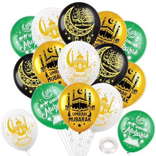 DPKOW 24 Stück Umrah Mubarak Luftballons Dekorationen, Latexballons für islamische muslimische Umrah Mubarak Heim Dekorationen, عمرة مبارك Luftballons Dekoration, 4 Stile von DPKOW