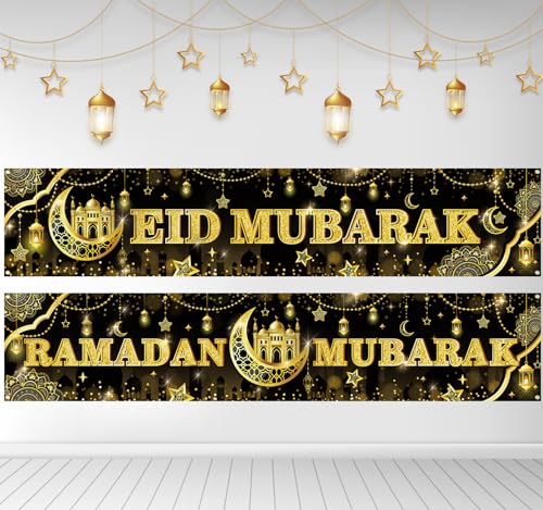 DPKOW Ramadan Deko Eid Mubarak Banner, 2 STK Stoff Ramadan Mubarak Banner Muslimische Islam Deko Ramadan Eid Hängende Deko Ramazan Banner Eid Mubarak Fotohintergrund Deko, Schwarz Gold, 153 * 30 cm von DPKOW