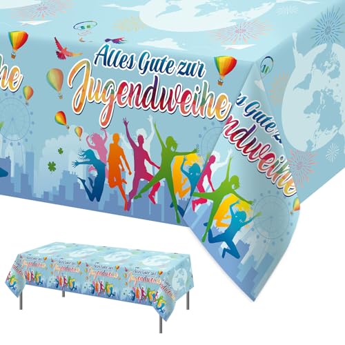 DPKOW 3 STK Jugendweihe Party Tischdecke Wasserabweisend Einweg, Alles Gute zur Jugendweihe Tischdecken für Mädchen Jungen Jugendweihe Tischdeko, PE Plastik Tischdecke, 130cm x 274cm von DPKOW