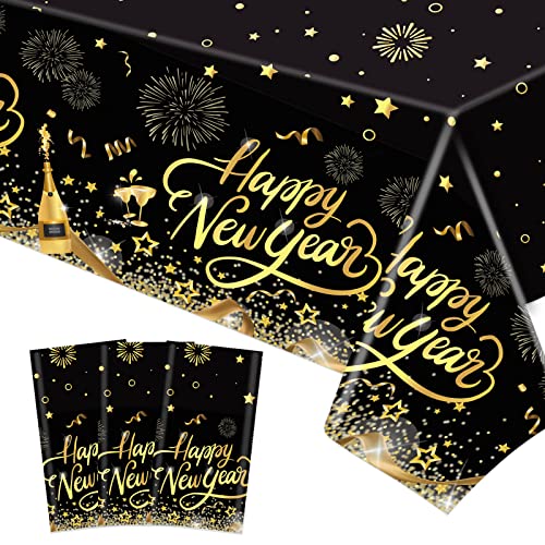 DPKOW 3 Stück Silvester Tischdecke Schwarz Gold Einweg Tischdecke Silvester Deko Happy New Year Rechteckig Plastik Tischdecke für Silvester Deko 2025 Tisch Silvester Tischdeko, 274 x 130 cm von DPKOW