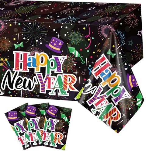 DPKOW 3 Stück Silvester Tischdecke Bunte Einweg Tischdecke Silvester Deko Happy New Year Rechteckig Plastik Tischdecke Wasserdicht für Silvester Deko 2025 Tisch Silvester Tischdeko Neujahr Deko von DPKOW