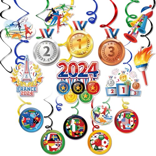 DPKOW 30Stk Sommer Paris Spiele 2024 Hängedeko Deckenhänger Spiral für Internationale Spiele 2024 in Paris Deko Luftschlangen Aufhängen Wirbel Fackel Medaille Länder Flaggen Eiffel Hängedekoration von DPKOW