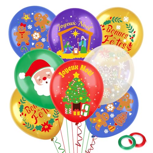 DPKOW 30pcs Français Noël Ballons, Joyeux Noël Ballons en Latex Bonnes Fêtes Ballons pour Noël Décorations Français, Crèches de Noël Ballons Père Noël Flocon de Neige Ballons von DPKOW