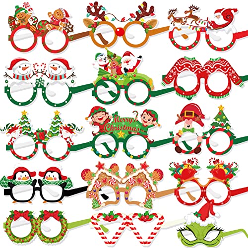 DPKOW 30pcs Papier Lustige Weihnachten Partybrille Photo Booth Prop für Weihnachten Gastgeschenke Kostüm Zubehör, Weihnachtsbaum Kranz Weihnachtsmann Schneemann Zuckerstange Lebkuchenmann Haus Pinguin von DPKOW