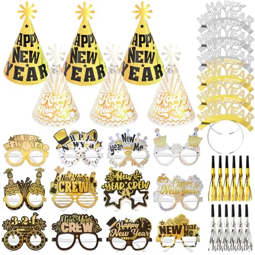 DPKOW 36 STK Glitzer 2025 Silvester Accessoires, Haarreif Silvester Partyhüte Brillen Silvester Partytröten Kopfschmuck für Neujahr 2025 Silvester Party Zubehör Gadget Silber Gold Schwarz Weiß von DPKOW