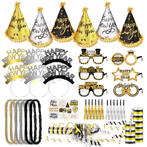 DPKOW 38 Stk Silvester Deko 2025 Party Set, Schwarz Gold Silber Silvester Accessories 2025 Neujahr Partyzubehör 2025 Happy New Year Partyhüte Brillen Haarreif Silvester Tattoo Leis Tröte Luftschlangen von DPKOW