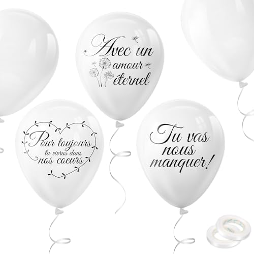 DPKOW 38pcs Blanc Funérailles Ballons Décoration en Français, Deuil Funebre Ballons en Latex Tu vas nous manquer Ballons Pour toujours tu vivras dans nos coeurs Ballons Avec un amour éternel von DPKOW