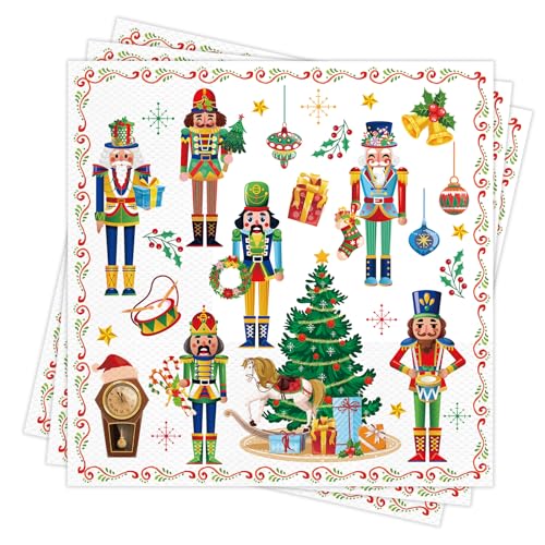 DPKOW 40 Nussknacker Servietten Weihnachtsdekoration, Papierservietten Weihnachten Nussknacker Einwegservietten Weihnachtstischdeko, Weihnachts-Nussknacker-Partyzubehör, Servietten mit Motiv, 33x33cm von DPKOW