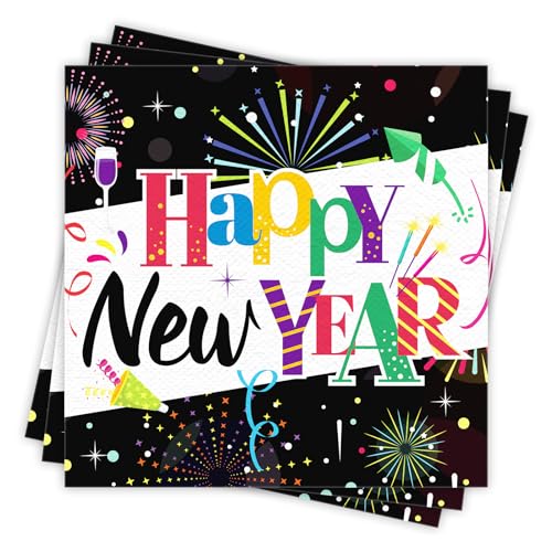 DPKOW 40 Stück Silvester Servietten Bunte Happy New Year Servietten Papierservietten für Silvester Deko 2025 Tisch Happy New Year Deko Silvester Party 2025 Silvester Tischdeko Neujahr Deko, 33X33CM von DPKOW