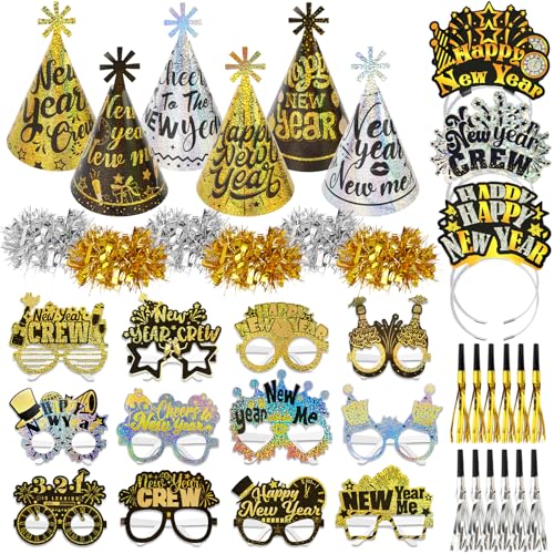 DPKOW 42 STK Glitzer 2025 Silvester Accessoires, Laser Haarreif Silvester Partyhüte Brillen Silvester Armband Partytröten für Neujahr 2025 Silvester Party Zubehör Gadget Glitzer Schwarz Gold Silber von DPKOW