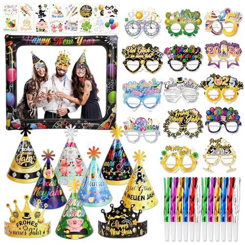 DPKOW 52Stk 2025 Glücksbringer Silvester Party Set, Glücksbringer Neujahr Hüte Brillen Fotorequisiten Rahmen Silvester Tattoos Partytröte für Neujahr 2025 Silvester Accessoires Fotoautomat Mitgebsel von DPKOW