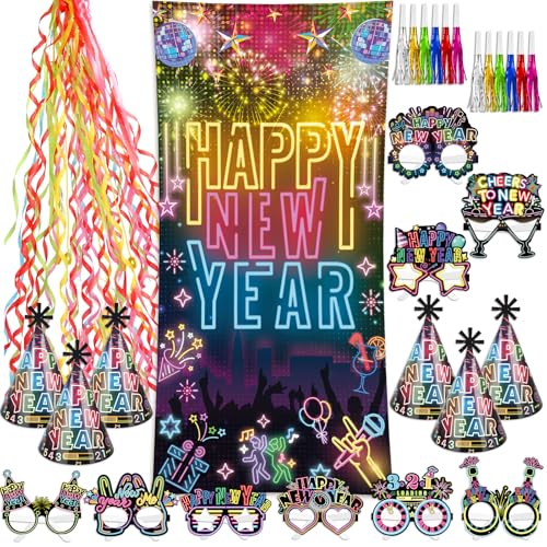 DPKOW 58 x Neon 2025 Silvester Deko Accessoires, Brillen Partyhüte Silvester Luftschlangen Wurf Hintergrund Banner Happy New Year Deko Partytröten für 2025 Silvester Party Zubehör Set Gadget Neon von DPKOW