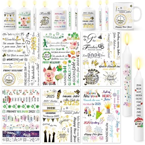 DPKOW 6 Blatt Silvester Kerzentattoos Glückslicht Silvester Wasserschiebefolie Kerzen Silvester Kerzenfolie Glücksschwein Kleeblatt Kerzentattoos Sprüche Glücksbringer Silvester Kerzensticker von DPKOW