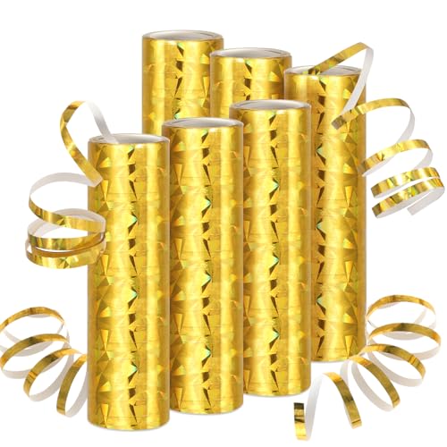 DPKOW 6 Rollen Gold Metallic Luftschlangen Silvester Deko, Laser Glitzer Luftschlangen Geburtstag Hochzeiten Jubiläen Goldene Partydekorationen, Silvester Tisch Deko, mit je 18 Holografisch von DPKOW