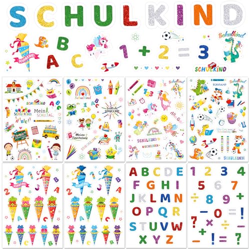 DPKOW 600+ Sticker Einschulung Streudeko 2024 Schulkind Aufkleber Einschulung Schuleinführung ABC Zahlen Schultüte Aufkleber Einhorn Schutzengel Meerjungfrau Sticker Dino Fußball Deko Einschulung von DPKOW