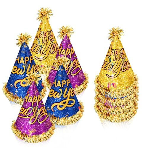 DPKOW Glitzer Silvester Deko 2025 Silvester Partyhüte Accessories Silvester Partyzubehör 2025, 6 Stück Happy New Year Hüte Neujahrs Kegelhüte Silvester Foto Requisiten Mehrfarbiger Neujahrs Papierhut von DPKOW