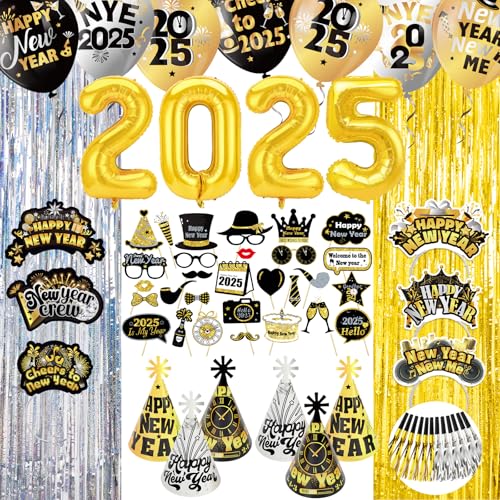 DPKOW 77 x Glitzer 2025 Silvester Deko Accessoires, Laser Lametta Vorhänge Silvester Haarreif Partyhüte Ballons 2025 Silvester Foto Requisiten Partytröten für 2025 Silvester Party Zubehör Set von DPKOW