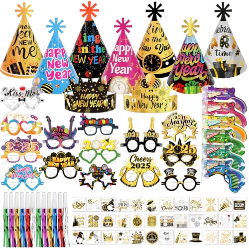 DPKOW 77Stk Silvester Deko 2025 Party Set, Bunte Silvester Partyhüte Silvester Brille 2025 Neujahr Tattoos Konfettikanone Tröten Silvester Accessories für Happy New Year Deko Silvester Party 2025 von DPKOW