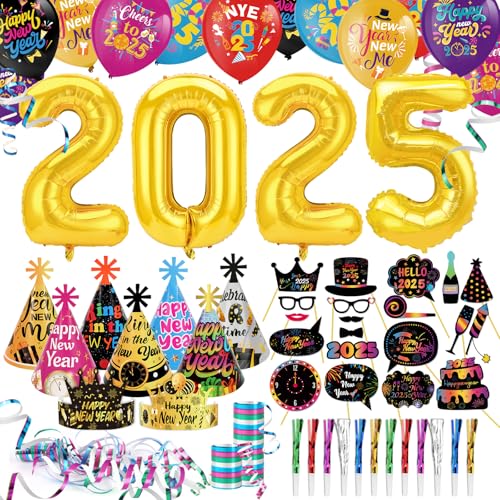 DPKOW 77stk Bunt 2025 Silvester Deko Accessoires, 2025 Neujahr Luftballons Foto Requisiten 2025 Neujahr Hüte Tröten Luftschlangen 2025 Silvester Party Set Gastgeschenke 2025 Neujahr Deko Accessoires von DPKOW