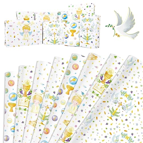 DPKOW 8 Blätter Kommunion Taufe Geschenkpapier Engel Tauben Fisch DIY Wrapping Paper Erstkommunion Geburt Firmung Geschenkpapierbögen Hochzeit Weihnachten Glückwunsch für Geschenkverpackung, 70x50cm von DPKOW