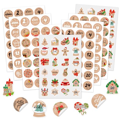 DPKOW 8 x 24 Aufkleber Adventskalender Zahlen, Kraft Weihnachten Adventskalender Sticker 1-24 Nummern Adventskalender 2024 Klebezahlen Selbstklebend Etiketten Adventskalender Basteln Weihnachten von DPKOW