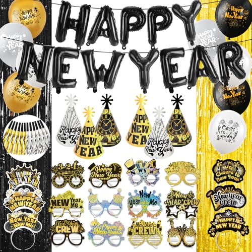 DPKOW 82 x Glitzer 2025 Silvester Deko Accessoires, Lametta Vorhänge Haarreif Silvester Partyhüte Brillen Ballons Silvester Happy New Year Deko Partytröten für 2025 Silvester Party Zubehör Set Glitzer von DPKOW