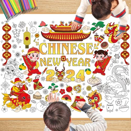 DPKOW Ausmal Tischdecke Chinesisches Neujahr,Papier Tischdecke Chinesisches Neujahr,Chinese New Year Decoration 2024,Ausmalen Chinesisches Neujahr Tischdecke,Chinesisches Neujahr Geschenk Für Kinder von DPKOW