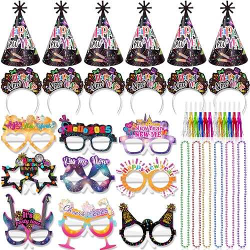 DPKOW Bunt Silvester Deko 2025 Party Set Silvester Haarreif Silvester Partyhüte Silvester Brille Kreischer Halsketten für Silvester Deko 2025 Silvester Foto Requisiten Silvester Accessories von DPKOW